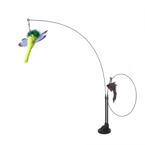 Double-headed suction cup cat stick, adsorbable hand-held steel wire, double-headed feather replacement head cat toy, pet toy