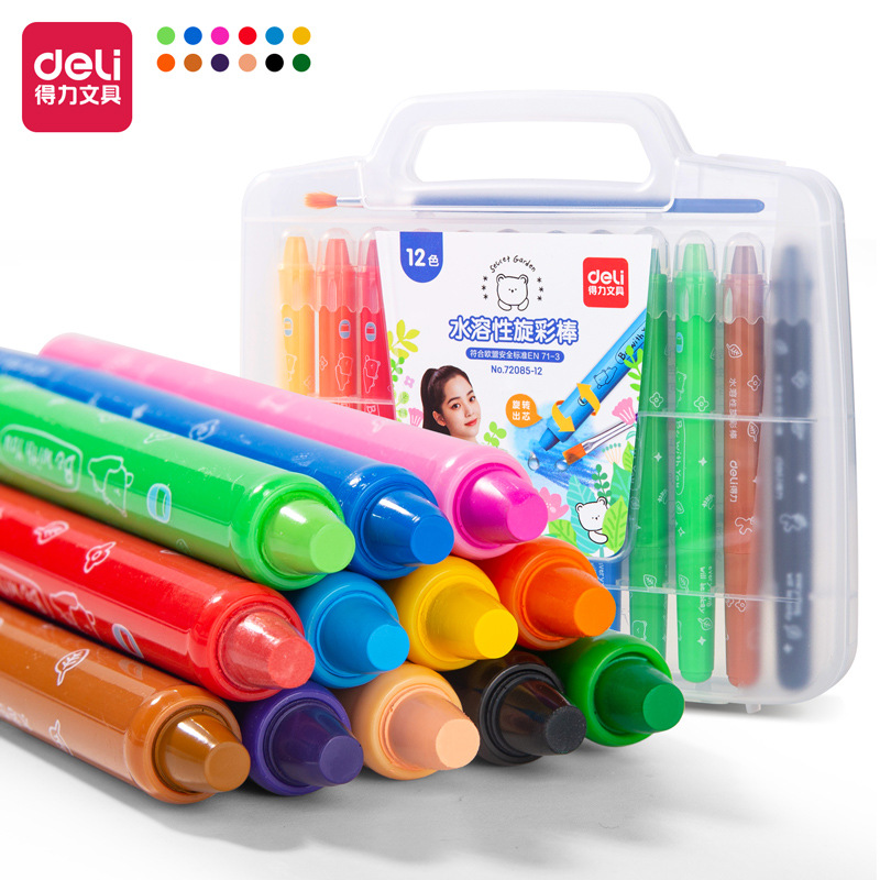 Deli 72085 soluble en agua giratoria pintura al óleo palo estudiante pintura crayón graffiti pluma 12 colores 24 colores 36 colores 48 colores