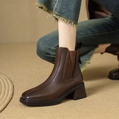 复古高跟短靴女2025秋冬新款百搭粗跟方头切尔西靴欧美显瘦马丁靴