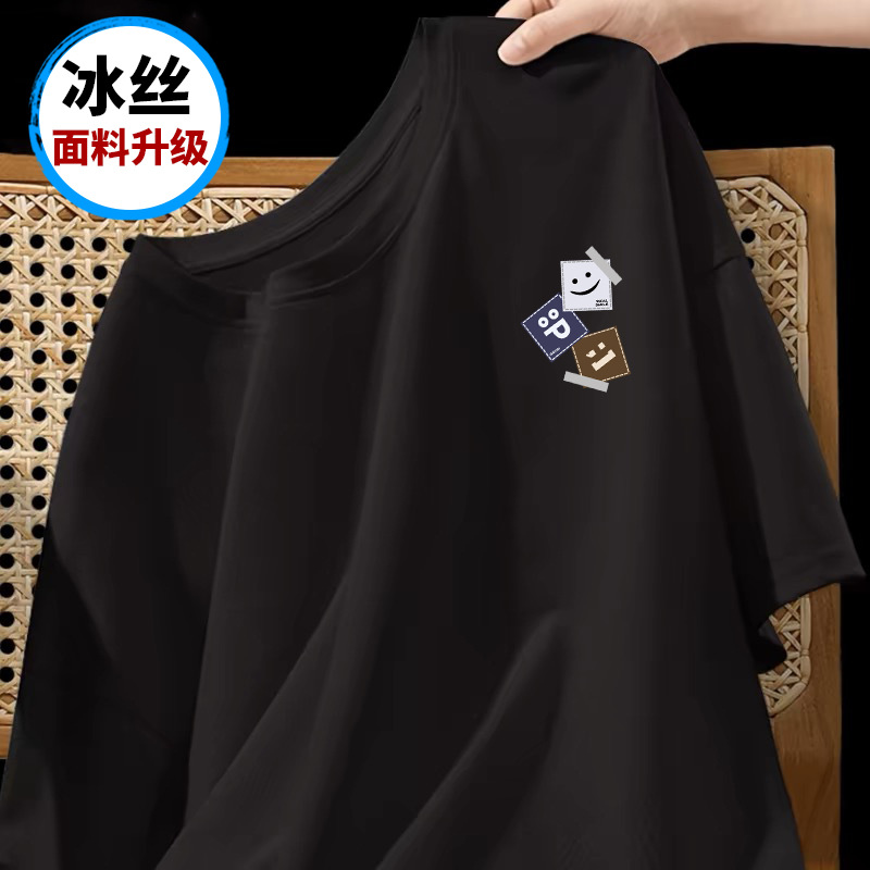 2024 Hong Kong viento de hielo negro verano camiseta de cuello redondo de hombre impresión casual camiseta retro pareja