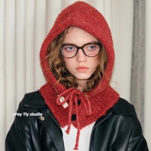 韩国复古时髦高级巴拉克拉针织帽女秋冬百搭围脖一体帽保暖包头帽