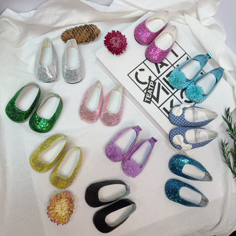 In Stock 18inch American Girl Doll Sequin Shoes Flower Doll Shoes 7cm Factory Direct Delivery Cross-Border Hot Sale