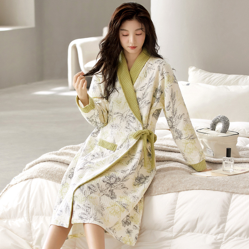 7A Antibacterial Pure Cotton Sandwich Postpartum Clothing Autumn and Winter Postpartum Nursing Nightgown Thickeneded Warm Maternity Home Clothing