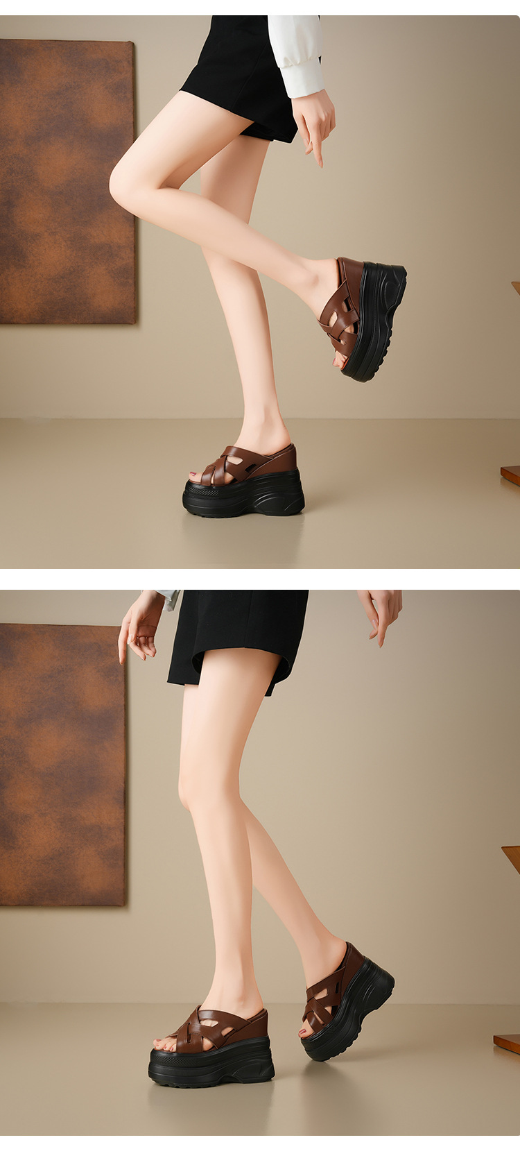 Sandal đế xuồng cao gót 14 cm quai chéo hở mũi mùa hè — Màu nâu, Màu đen, Màu trắng chi tiết 6