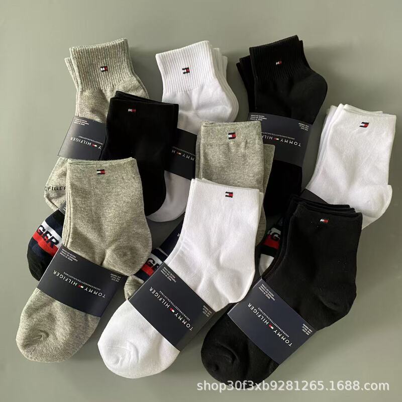 Foreign Trade Tommy Men's and Women's Mid-Calf Socks Three Pairs Black and White Gray Pure Color Business Socks All Year Round Cotton Socks Sports Socks Wholesale