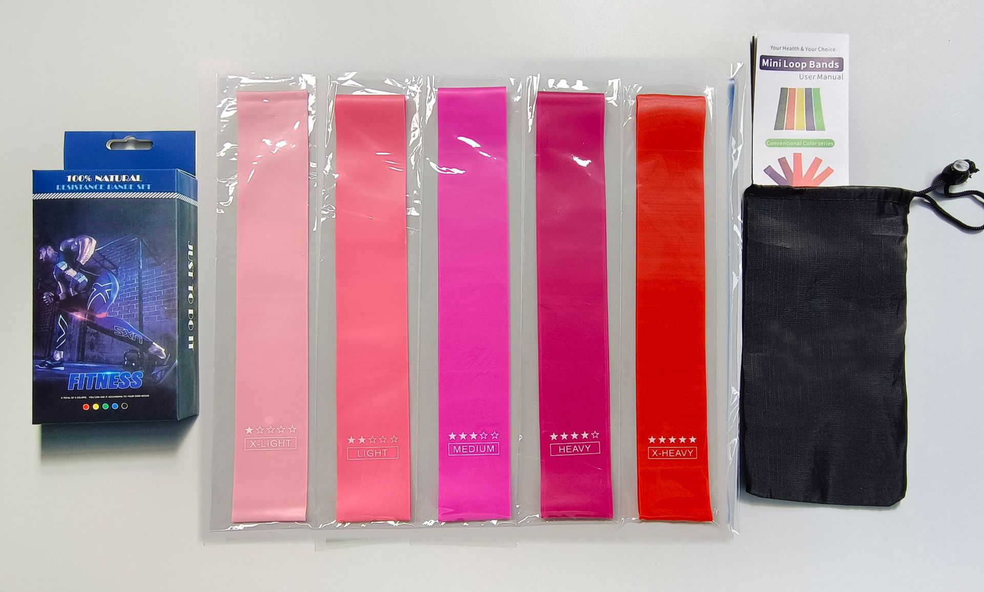 A set + instructions in a cloth bag and color box (with strength scale) gradient…