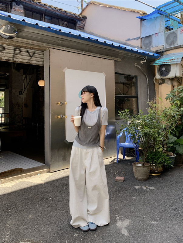 Relaxation Fake Two-piece Loose Short-sleeved T-shirt High Waist Wide-leg Trailing Pants for Women 2025 Summer New Fashion suit