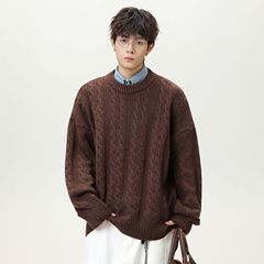 潮牌复古绞花工艺圆领毛衣男秋冬新款重磅加厚纯色套头针织衫外套