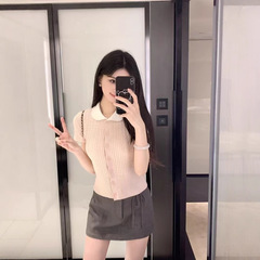 韓国人形襟半袖ニットカーディガン女性用 2025 夏の新しいスタイルのシンプルな気質甘い年齢を減らす女性用トップ