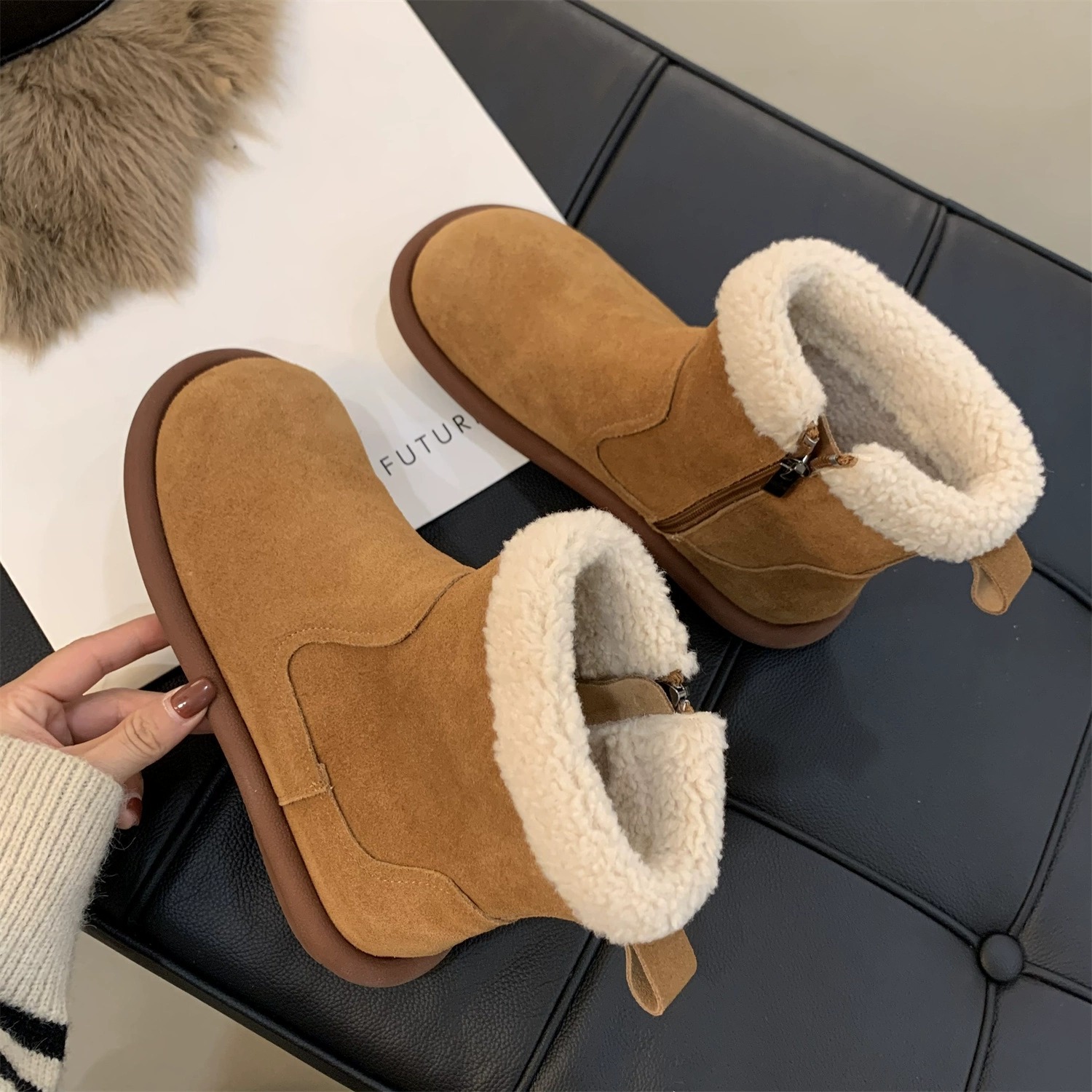 Snow boots women's winter fur one thick warm ankle boots with velvet cotton shoes_voghion.com
