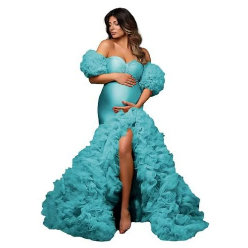 Off-shoulder puff sleeve mermaid maternity gown with long train for artistic maternity photoshoot, slim-fit photo shoot dress, European and American style Off-shoulder puff sleeve mermaid maternity gown with long train for artistic maternity photoshoot, slim-fit photo shoot dress, European and American style