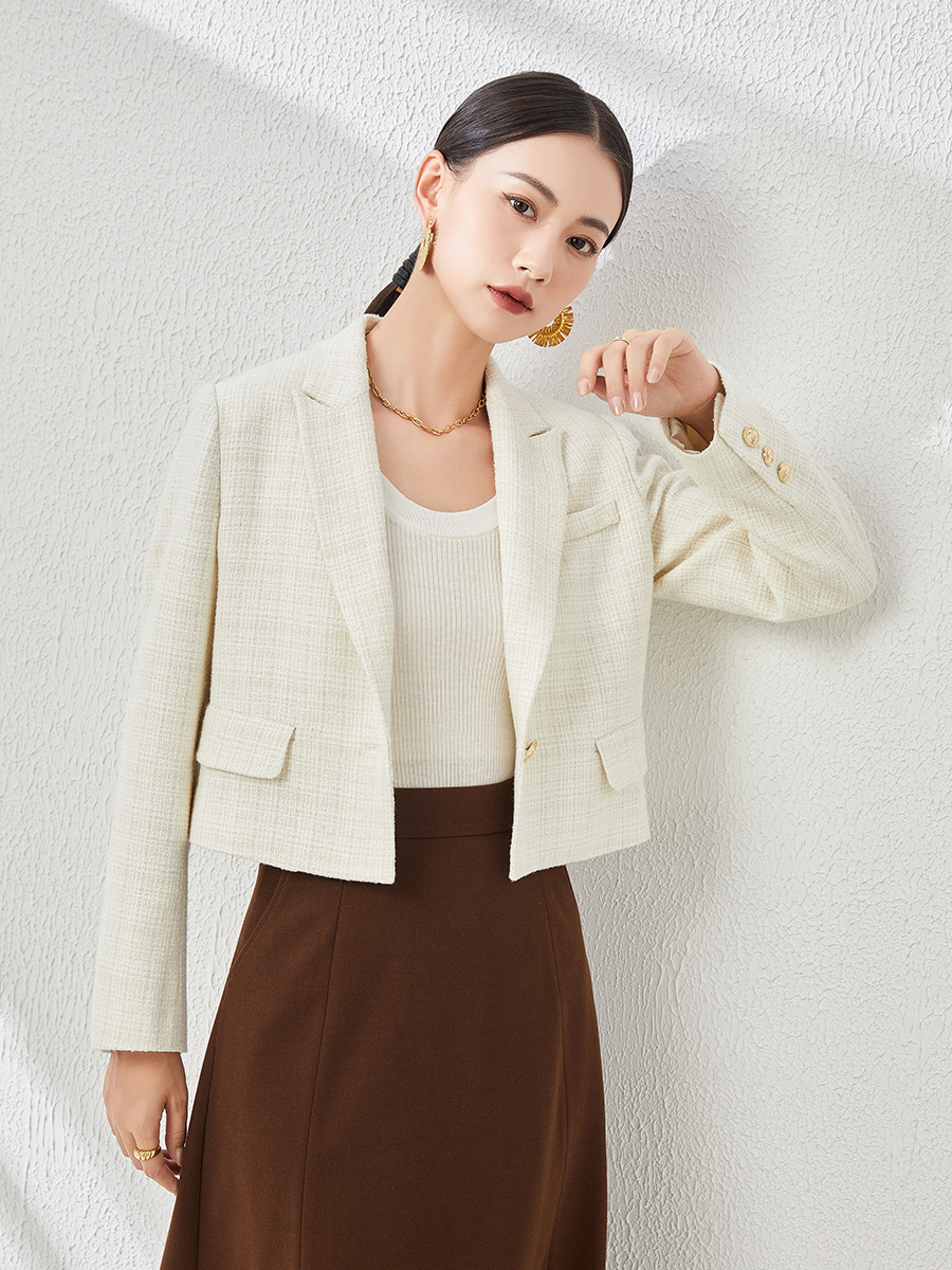 Áo blazer len ngắn nữ thiết kế độc đáo, phong cách mùa thu — Màu be