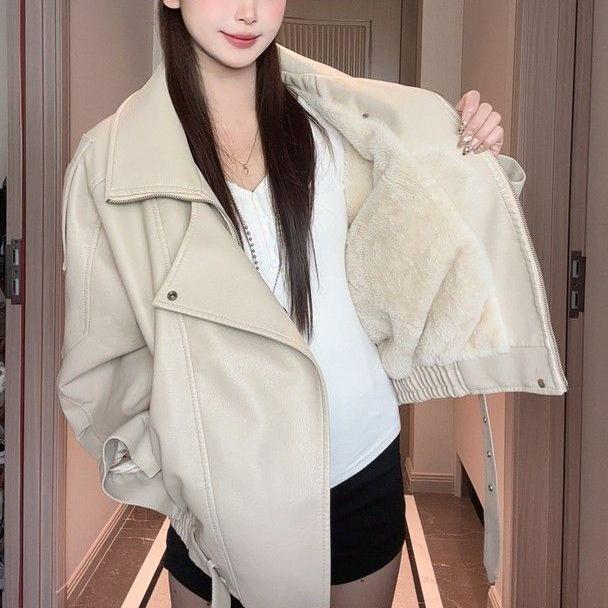 Fleece-Lined Thickened Autumn and Winter New Leather Jacket for Women, Hong Kong Style Versatile Leather Jacket, Korean Style Loose Biker Jacket