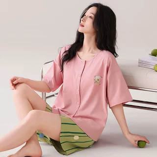 带胸垫睡衣女夏季薄款纯棉短袖短裤凉感夏天可爱家居服套装防凹点