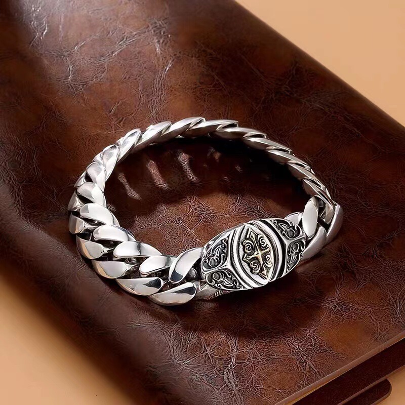 European and American Motorcycle Style Personality Cross Bracelet S925 Silver Trendy Men's Cuban Chain Street Beat Atmospheric Thai Silver Bracelet Trendy European and American Motorcycle Style Personality Cross Bracelet S925 Silver Trendy Men's Cuban Chain Street Beat Atmospheric Thai Silver Bracelet Trendy