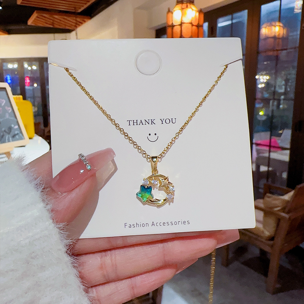 Sweet Star Titanium Steel Inlay Zircon Pendant Necklace_colorza_2