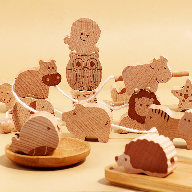Los niños de madera de haya con cuentas animal enhebrado cuerda bebé cognitiva educación temprana bloques de construcción de madera enhebrado juguetes al por mayor