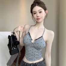 跨境ins性感辣妹设计感波点吊带小背心女夏季修身短款露背上衣女T