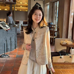 秋冬款韩版宽松文艺汉麻提花手工刺绣立领加棉马甲无袖上衣女8810