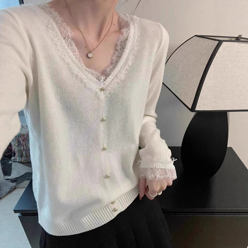 高级感超好看蕾丝V领内搭针织打底衫毛衣秋季女装超好看慵懒上衣|undefined