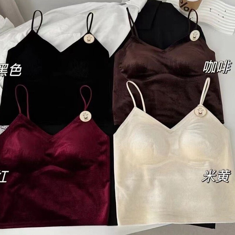 Hot Girl Golden Velvet V-neck Camisole Women's Belt Fixed Cup Chest Pad Slim-fit No-mark Beautiful Back Tube Top Gather Underwear Hot Girl Golden Velvet V-neck Camisole Women's Belt Fixed Cup Chest Pad Slim-fit No-mark Beautiful Back Tube Top Gather Underwear