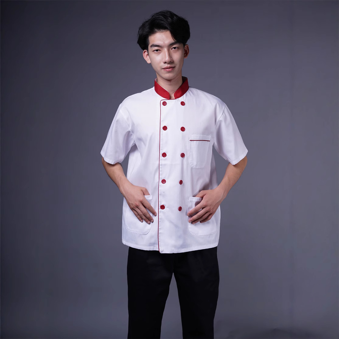 涤棉红领短袖厨师服糕点烘焙培训服可绣印logo吸湿排汗透气工装