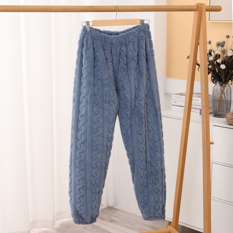 Pantalones caseros dulces se pueden usar fuera de otoño y invierno de tela de coral espesa calentamiento elástico pijamas de franela casuales