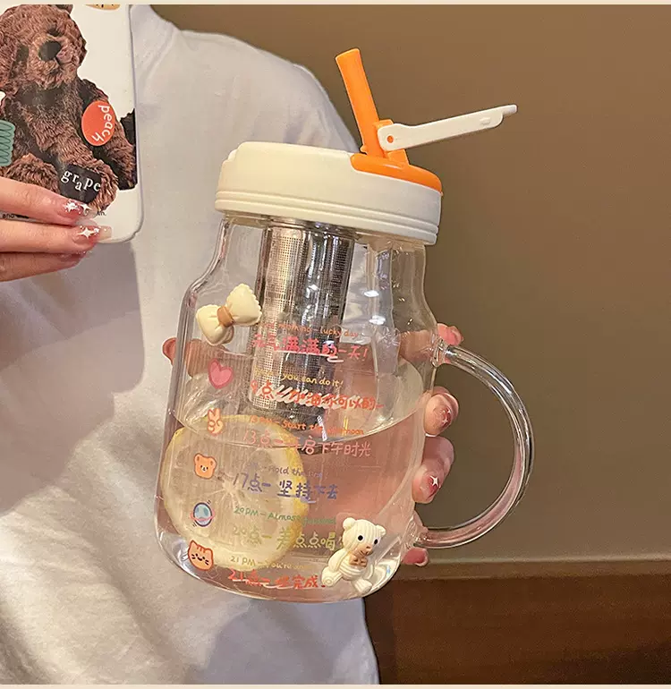 大容量学生杯子ins高颜值把手吸管玻璃杯女便携办公室带手柄水杯