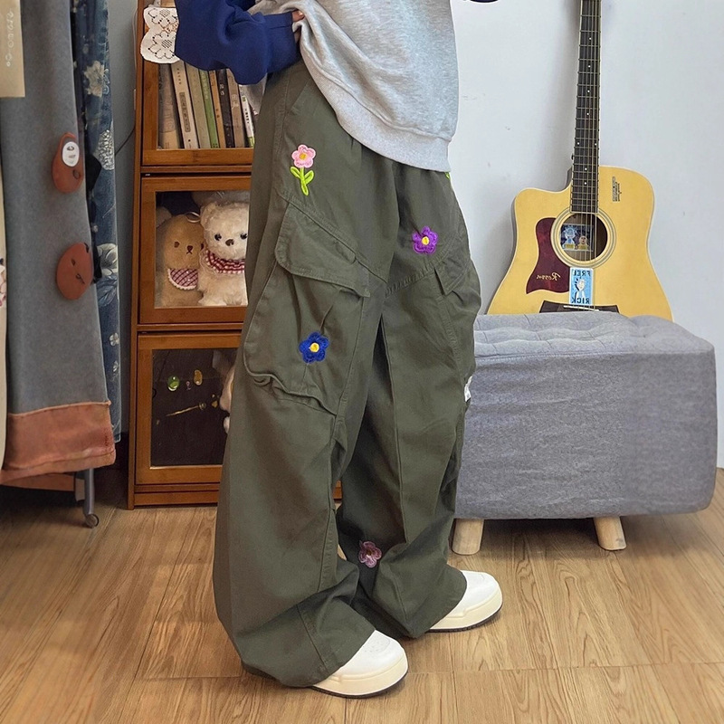【韩牛】美式军绿色花朵刺绣工装牛仔裤女春秋季显瘦宽松阔腿直筒|undefined