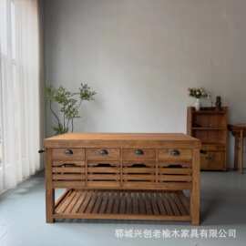 美式乡村厨房中岛台餐桌一体复古全实木岩板面餐边柜客厅操作台柜