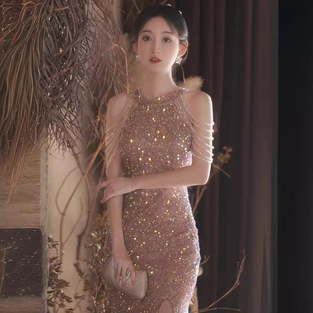 Shiny evening dress for women 2024 New light luxury niche high-end French fishtail dress toast dress bridal high-end