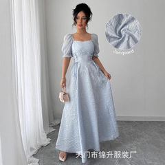跨境女装法式茶歇泡泡袖系带连衣裙2025新款御姐轻熟风显瘦大摆裙