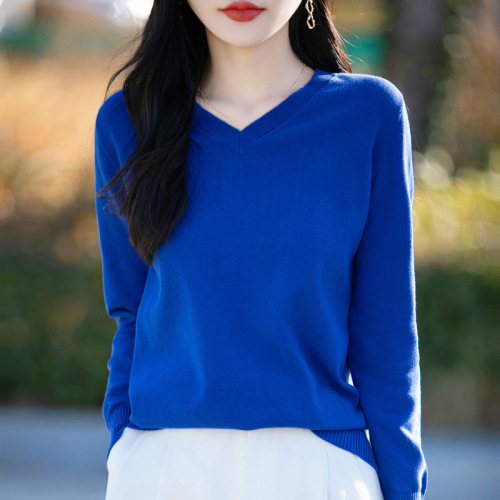 Cotton Knit Sweater for Women, V-Neck, Long Sleeve, Thin Innerwear—Spring and Autumn Top, Loose-Fitting Pullover Base Layer