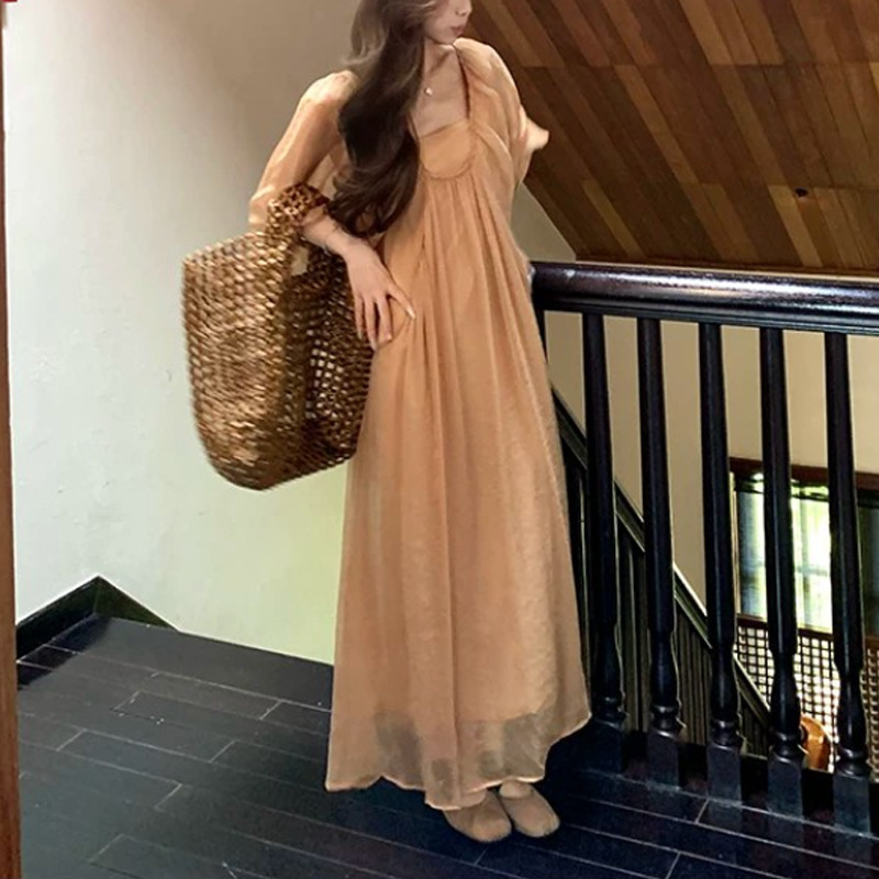 Xxiiuu Amber Flowing Light Cool-Toned Square-Neck Puff-Sleeve Pearlescent Dress for Women, Summer Elegant Dress Xxiiuu Amber Flowing Light Cool-Toned Square-Neck Puff-Sleeve Pearlescent Dress for Women, Summer Elegant Dress