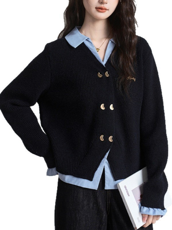 翻领针织开衫女学院风假两件拼接2025秋冬新款毛衣外套短款上衣潮|undefined