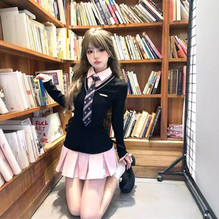 Fake Two-Piece Slim Pleated Skirt Long Sleeve College Style Skirt Sweet Spice Girl Stitching Polo Neck Slim-Fit High dress