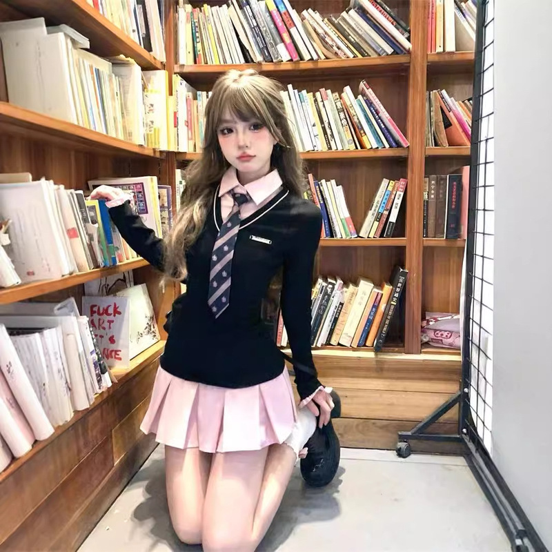 Fake Two-Piece Slim Pleated Skirt Long Sleeve College Style Skirt Sweet Spice Girl Stitching Polo Neck Slim-Fit High dress Fake Two-Piece Slim Pleated Skirt Long Sleeve College Style Skirt Sweet Spice Girl Stitching Polo Neck Slim-Fit High dress