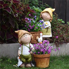 屋外庭中庭多肉植物植木鉢玄関ヴィラドア装飾牧歌的な少年少女彫刻植木鉢装飾品