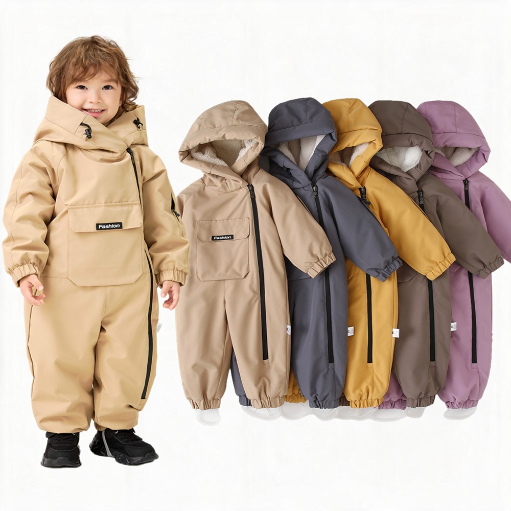 跨境专供现货连帽加绒加厚滑雪服儿童连体衣工作服冬新款宝宝爬服