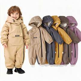 跨境专供现货连帽加绒加厚滑雪服儿童连体衣工作服冬新款宝宝爬服