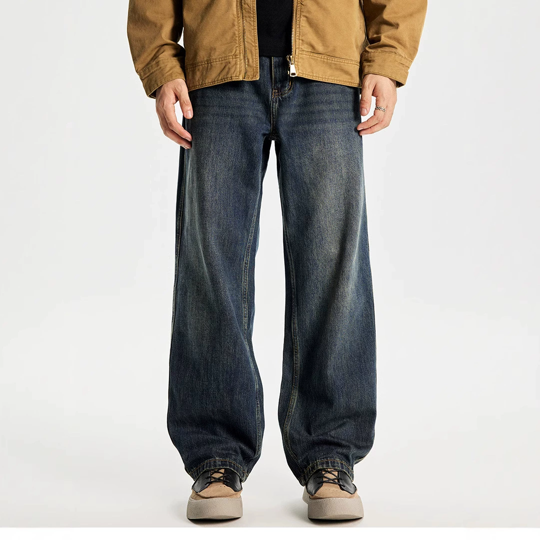 Американский ретро стирает повседневные прямые джинсы мужские осенние и зимние новые свободные широкие ноги длинные брюки прилив