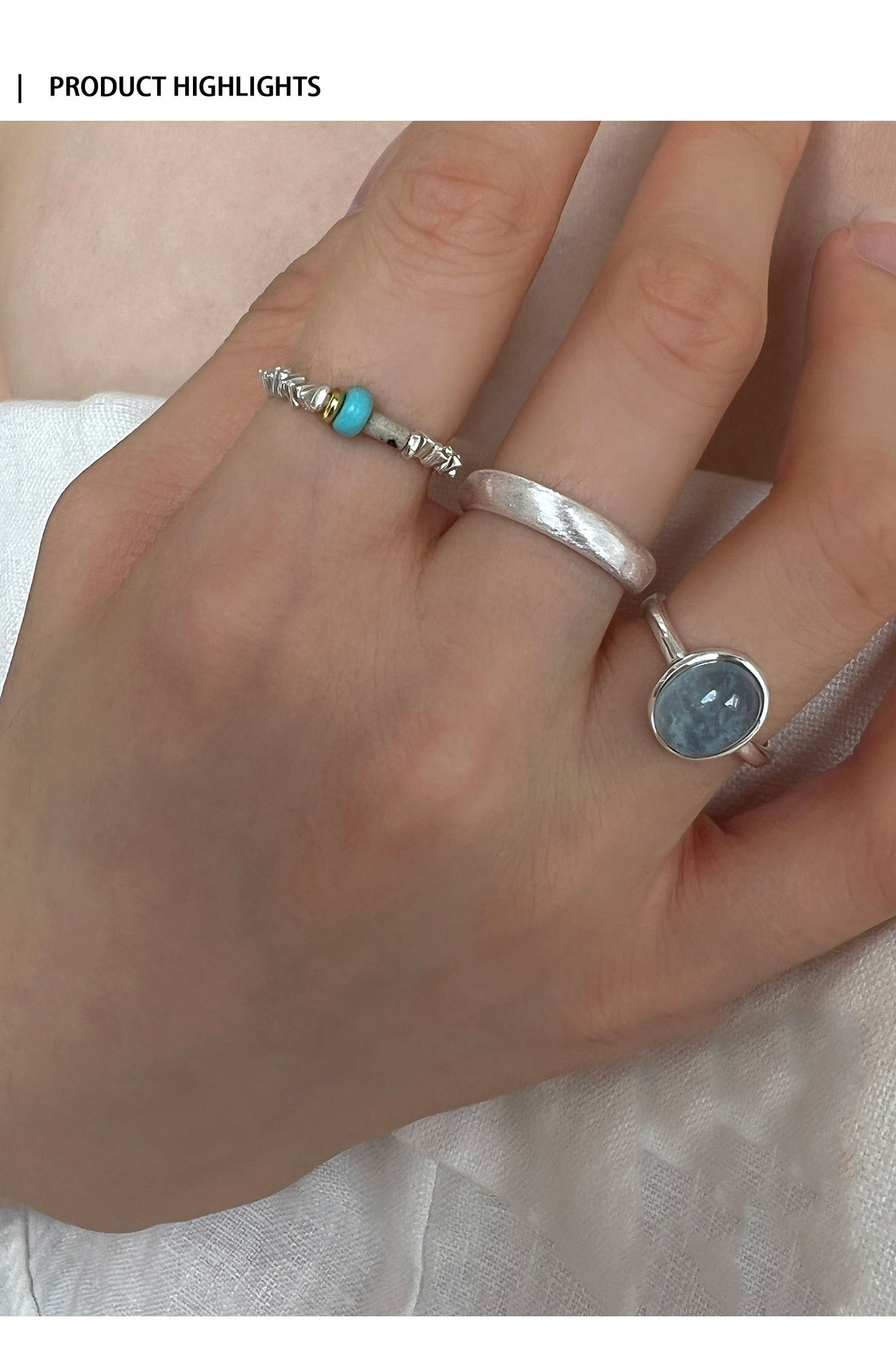 Aquamarine Gemstone And Brushed Silver Ring Set For Women_voghion.com