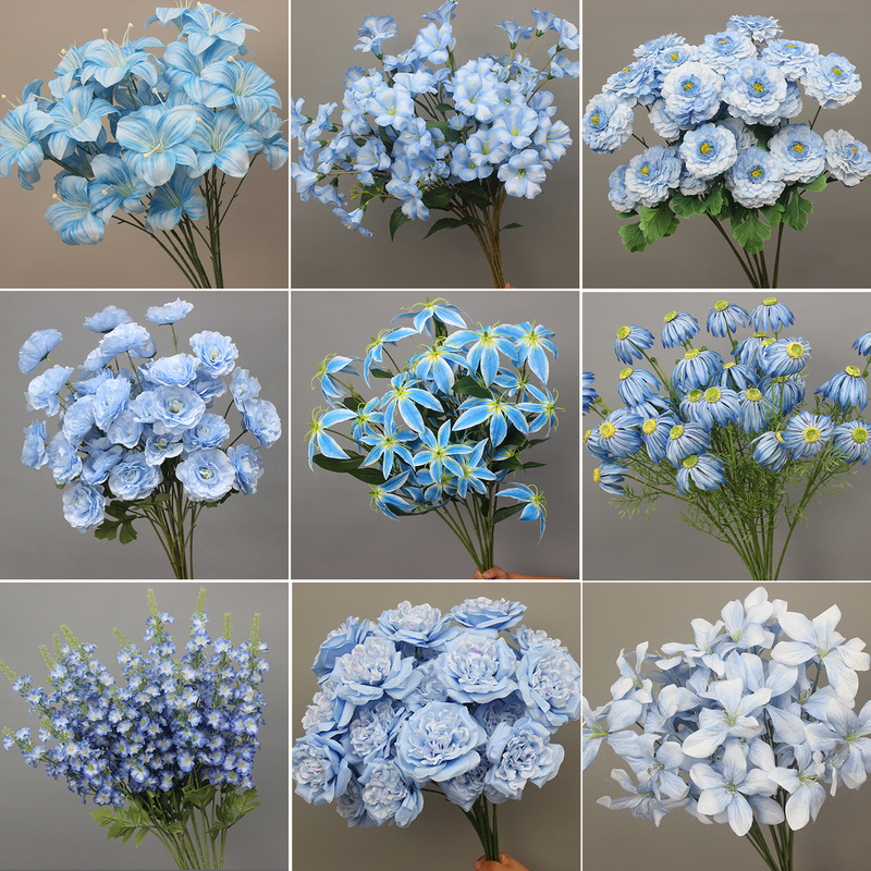 10本の青い色のシミュレーションの花の室内の絹の花の結婚祝いの装飾の花の生け花は造花の天井の花の路の花を並べます。|undefined