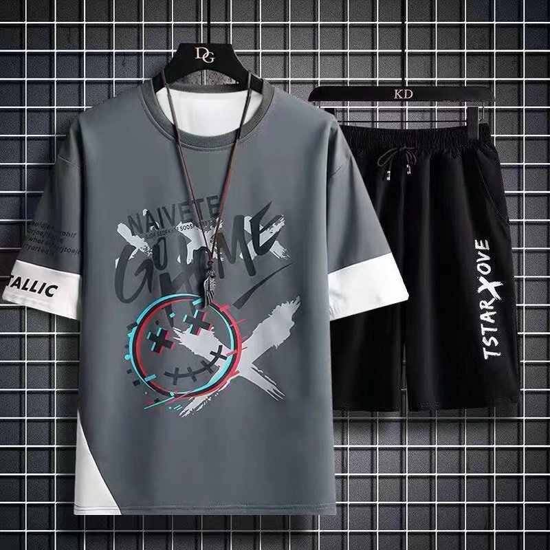 Hip hop Camiseta de manga corta de los hombres de verano de Hong Kong estilo media manga INS de moda todo fósforo camiseta casual pantalones cortos deportivos traje de dos piezas