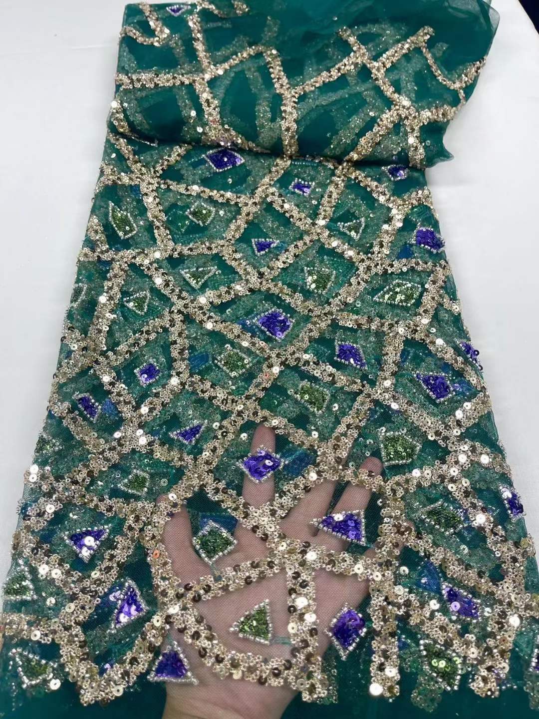 Tela de bordado de alta resistencia bordado lentejuelas cuentas hechas a mano malla bordado tela de alta gama vestido de novia tela JX2821 image 10