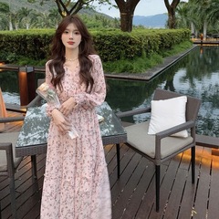 Women's long-sleeved temperament waisted mid-length skirt for women French first love super fairy sweet thin floral dress for women