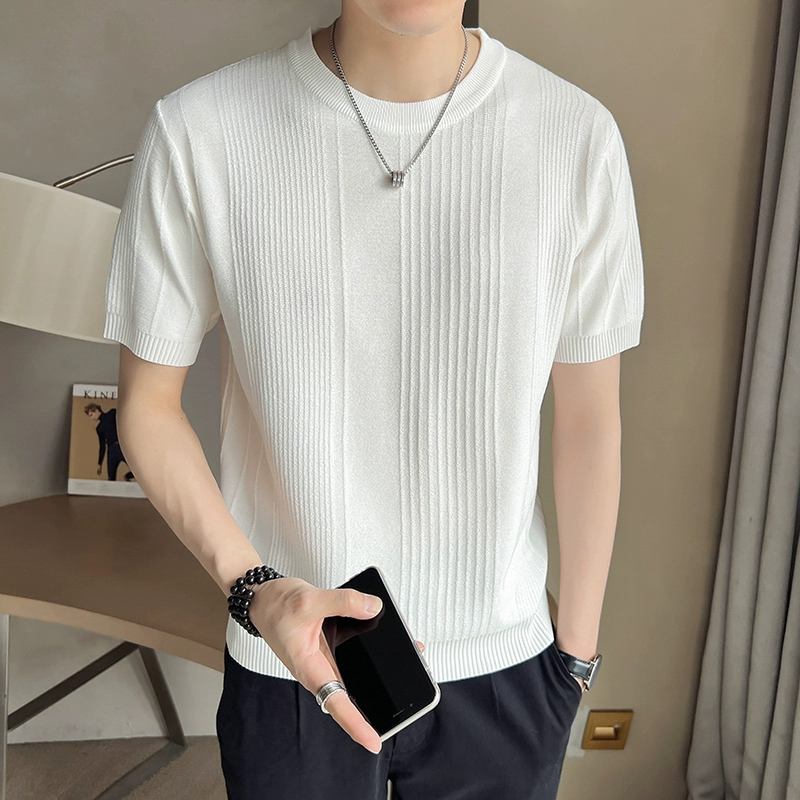 Мужская летняя футболка из белого ледяного шелка, короткий рукав, 2025 года, новая, приталенная, однотонная, тонкая, стильная