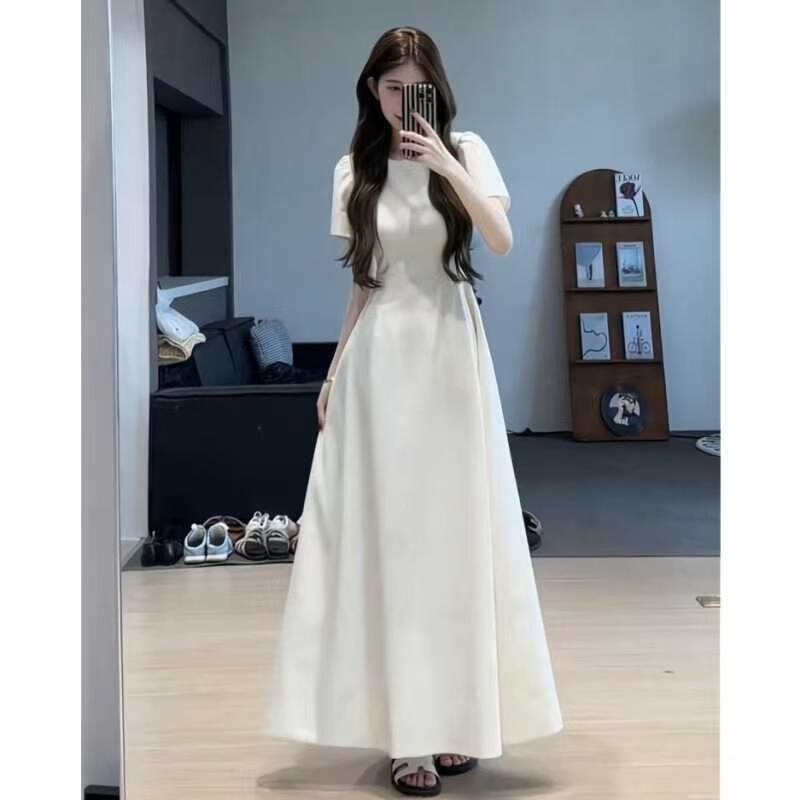 2026 Casual French-Style Plus-Size Dress for Women, Summer Short-Sleeve New Style, Waist-Cinching, Elegant Long Dress, Slimming and High-End