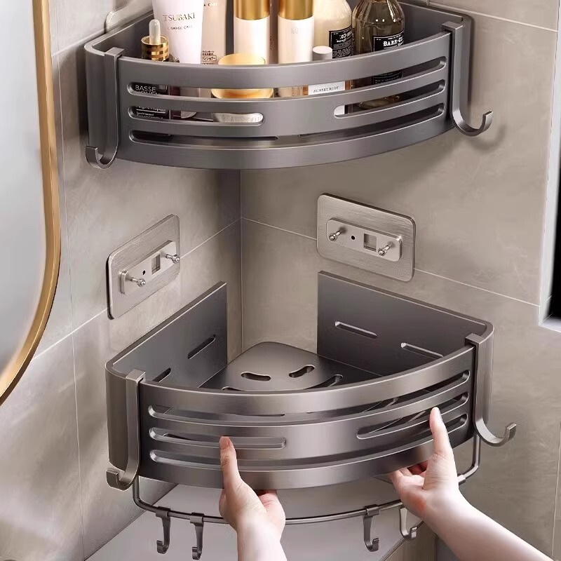 銃灰宇宙アルミ浴室三角バスケット棚穴なしトイレ壁掛けトイレ収納棚|undefined