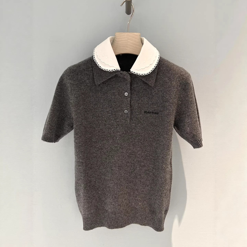 Cashmere Version of the Miu Series, College-Style Contrasting Color Lapel Knitted Short-Sleeved Women's Spring and Summer New Polo Collar Knitted Top
